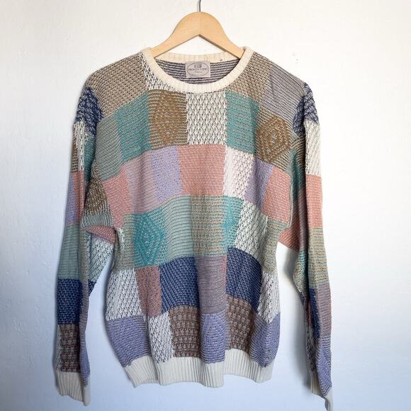 Vintage Pronto Uomo Sweater Med Colorful Geometric Pastel Crewneck Lightweight - Picture 1 of 9